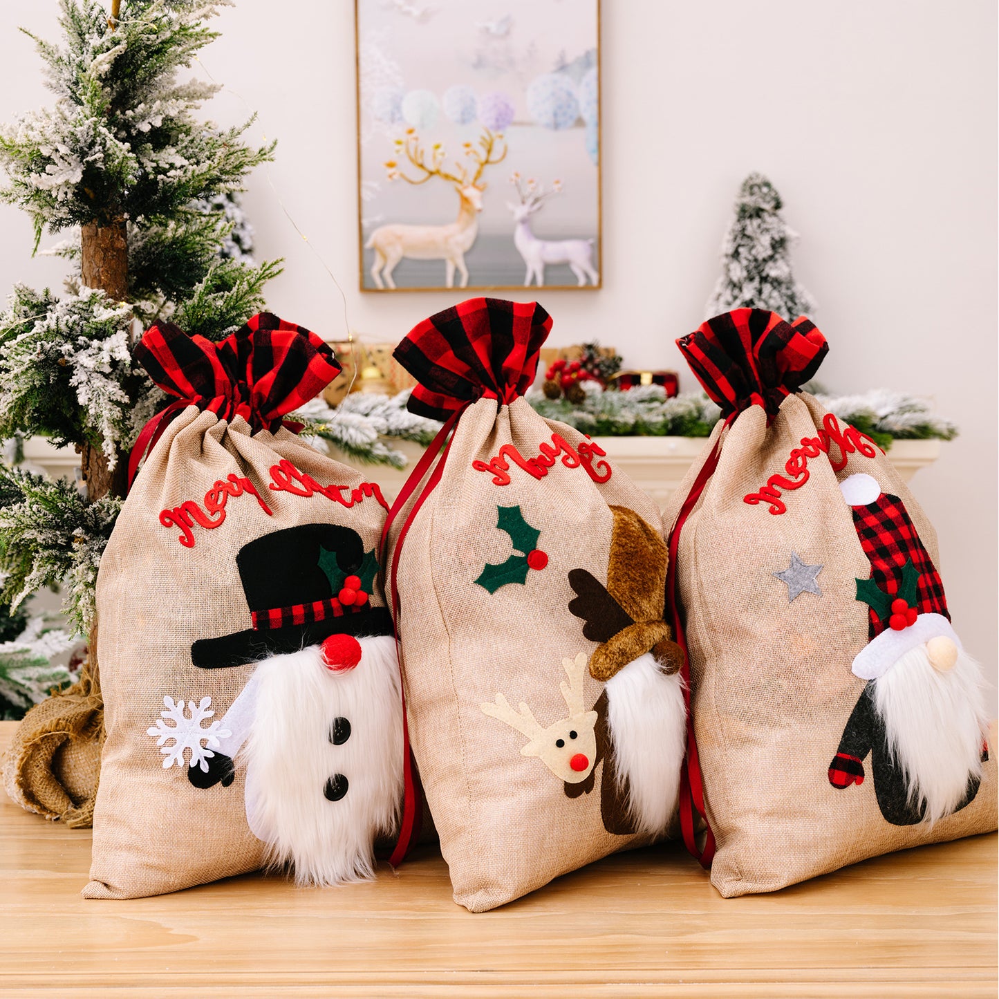 Christmas Old Man Snowman Deer Linen Plaid Gift Bag