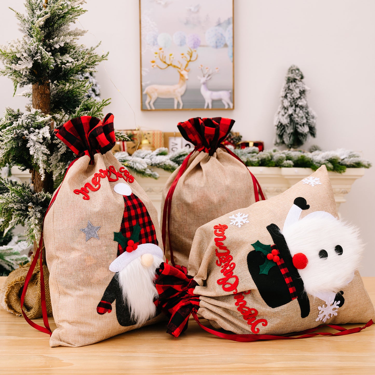 Christmas Old Man Snowman Deer Linen Plaid Gift Bag