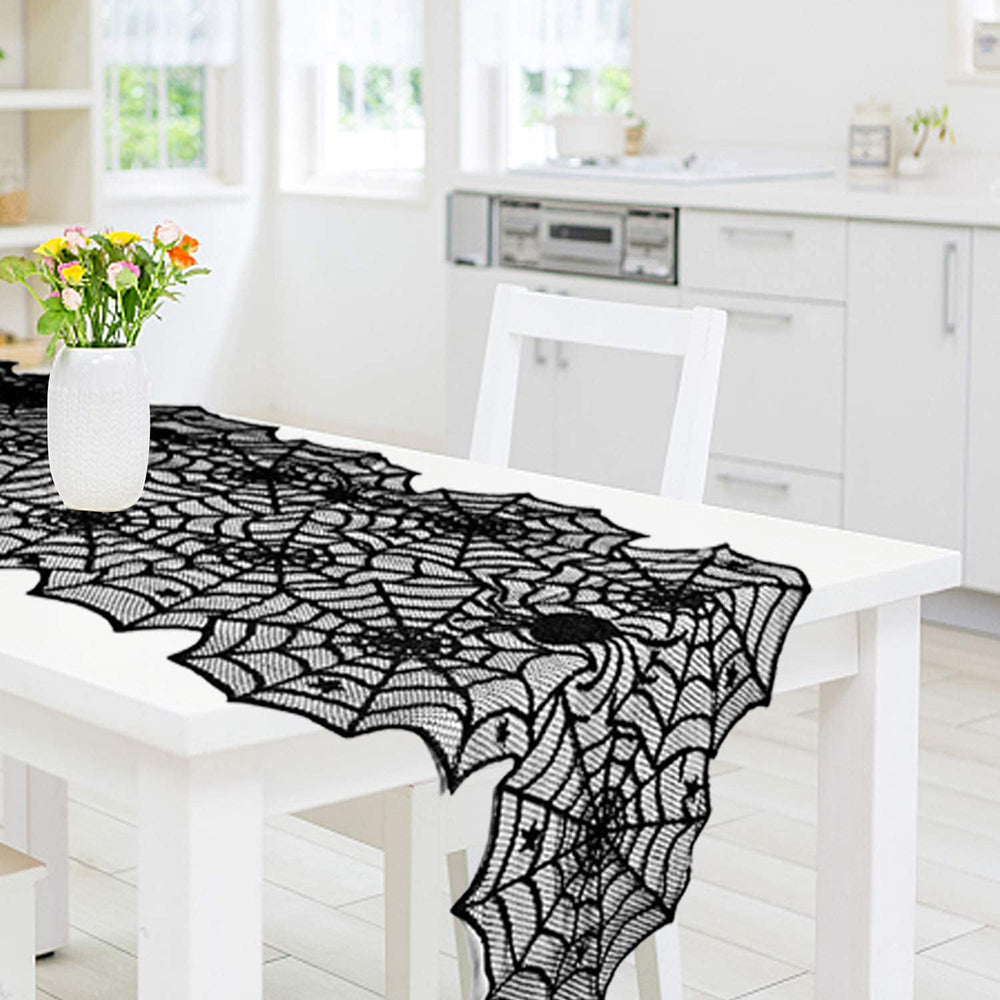 Halloween Table Cloth Black Lace Cover Table Runner Spiderweb Fireplace Scarf Table Decor