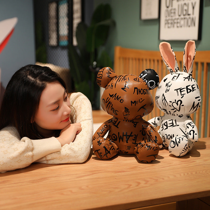 Graffiti Bear Doll PU Leather Rabbit Plush Doll