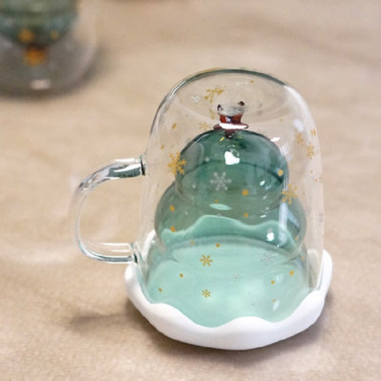 Double Heat Resistant Glass Coffee Cup Christmas Tree With Handle And Lid Milk Water Cup Cute Household Breakfast Whiskey Mug