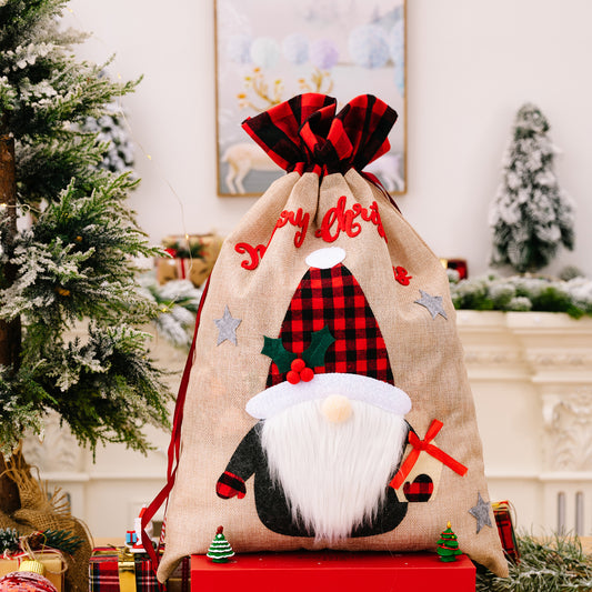 Christmas Old Man Snowman Deer Linen Plaid Gift Bag