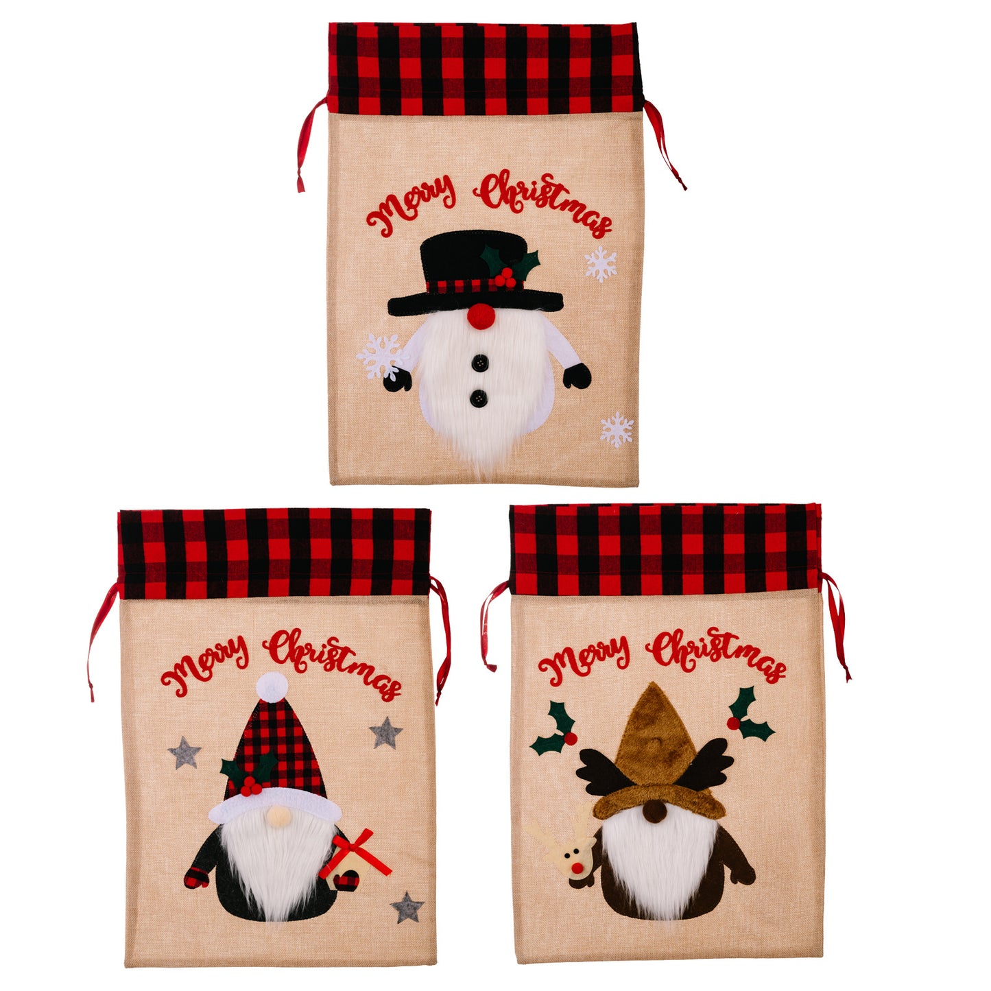 Christmas Old Man Snowman Deer Linen Plaid Gift Bag
