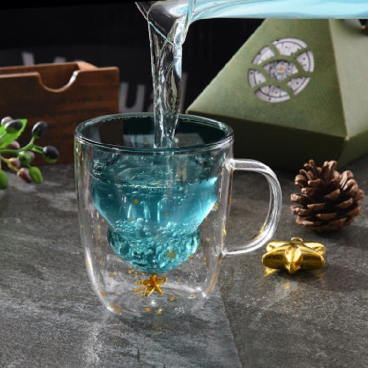 Double Heat Resistant Glass Coffee Cup Christmas Tree With Handle And Lid Milk Water Cup Cute Household Breakfast Whiskey Mug