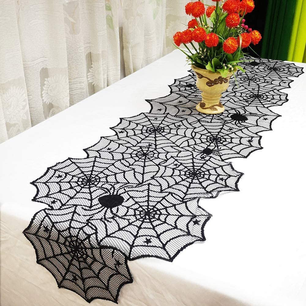 Halloween Table Cloth Black Lace Cover Table Runner Spiderweb Fireplace Scarf Table Decor