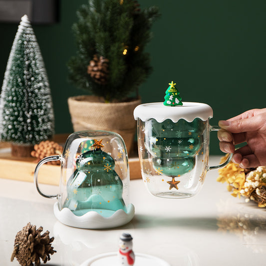 Double Heat Resistant Glass Coffee Cup Christmas Tree With Handle And Lid Milk Water Cup Cute Household Breakfast Whiskey Mug