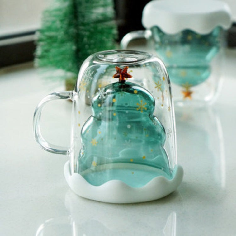 Double Heat Resistant Glass Coffee Cup Christmas Tree With Handle And Lid Milk Water Cup Cute Household Breakfast Whiskey Mug