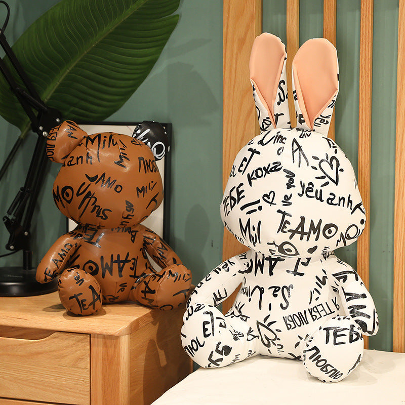 Graffiti Bear Doll PU Leather Rabbit Plush Doll
