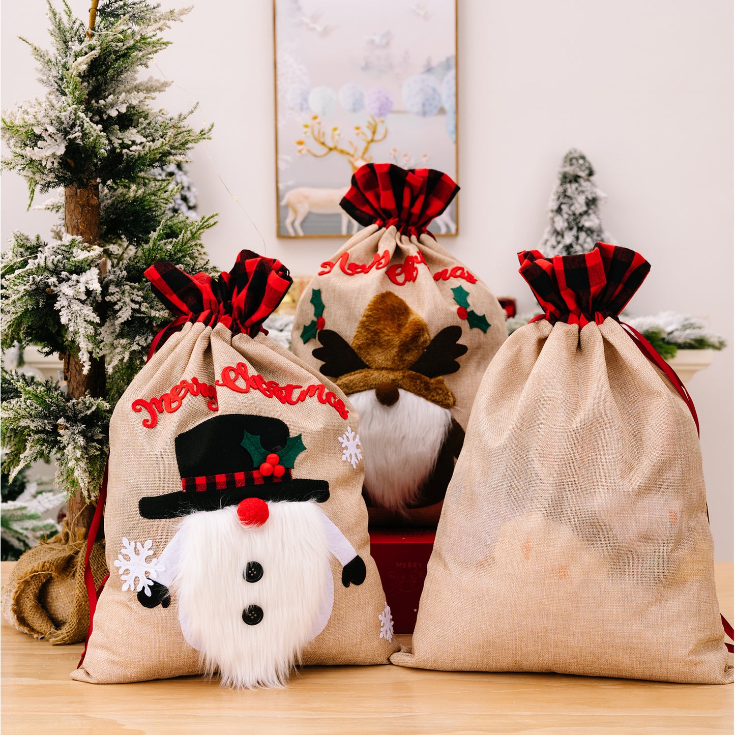 Christmas Old Man Snowman Deer Linen Plaid Gift Bag