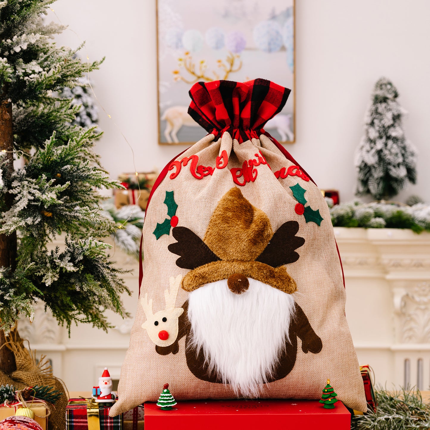 Christmas Old Man Snowman Deer Linen Plaid Gift Bag